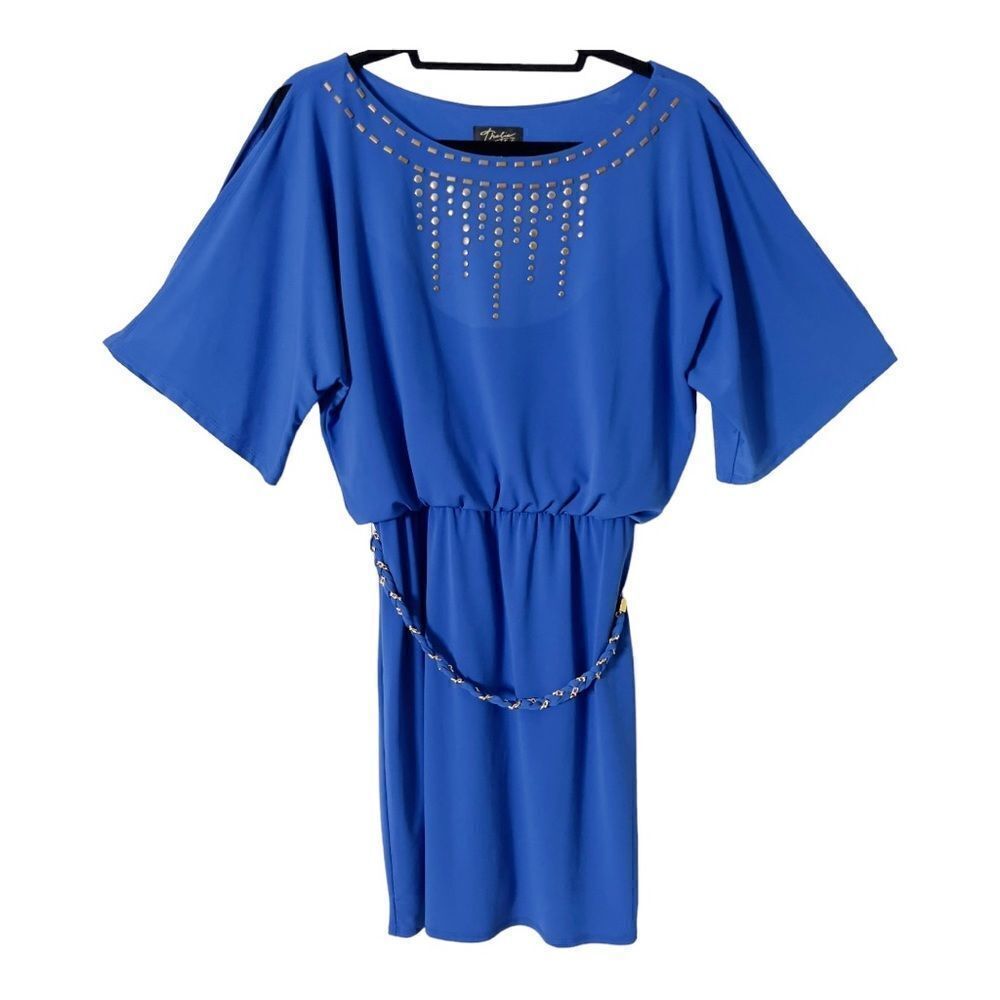 Thalia Sodi Women’s Cold Shoulder Studded Belted Blue Dress Size Small